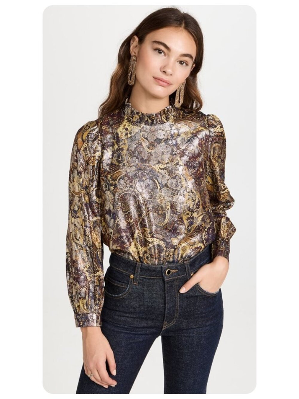 ba&sh Calo Bordeau Long Sleeve Jacquard Gold Metallic Blouse sz 2
